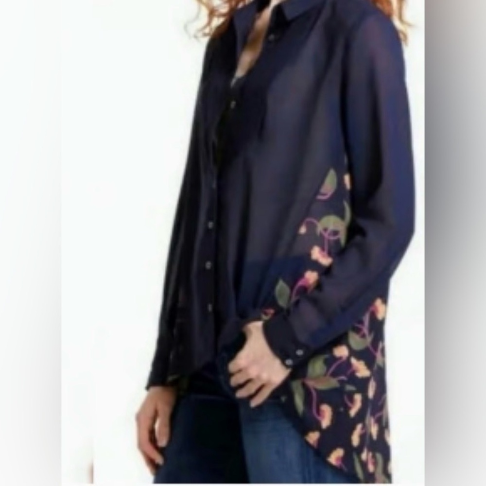 Maeve Anthropologie Ira Pintuck Floral Blouse shirt sz 8 M blue